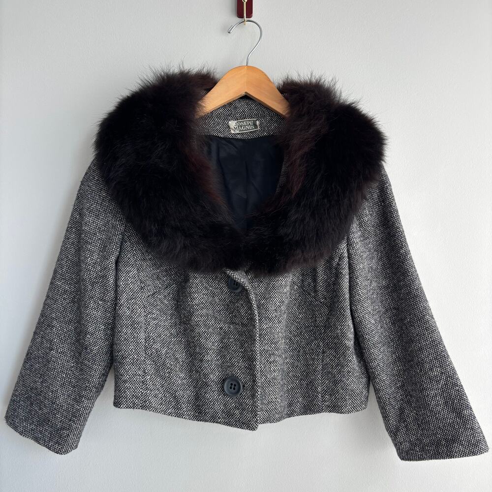 Vintage Joseph Magnin Wool Tweed Jacket 1960s / 70s Fur Collar Mid Century